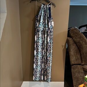 Dressbarn Navy Snake Patterned Maxi Halter Dress Sz14 NWT